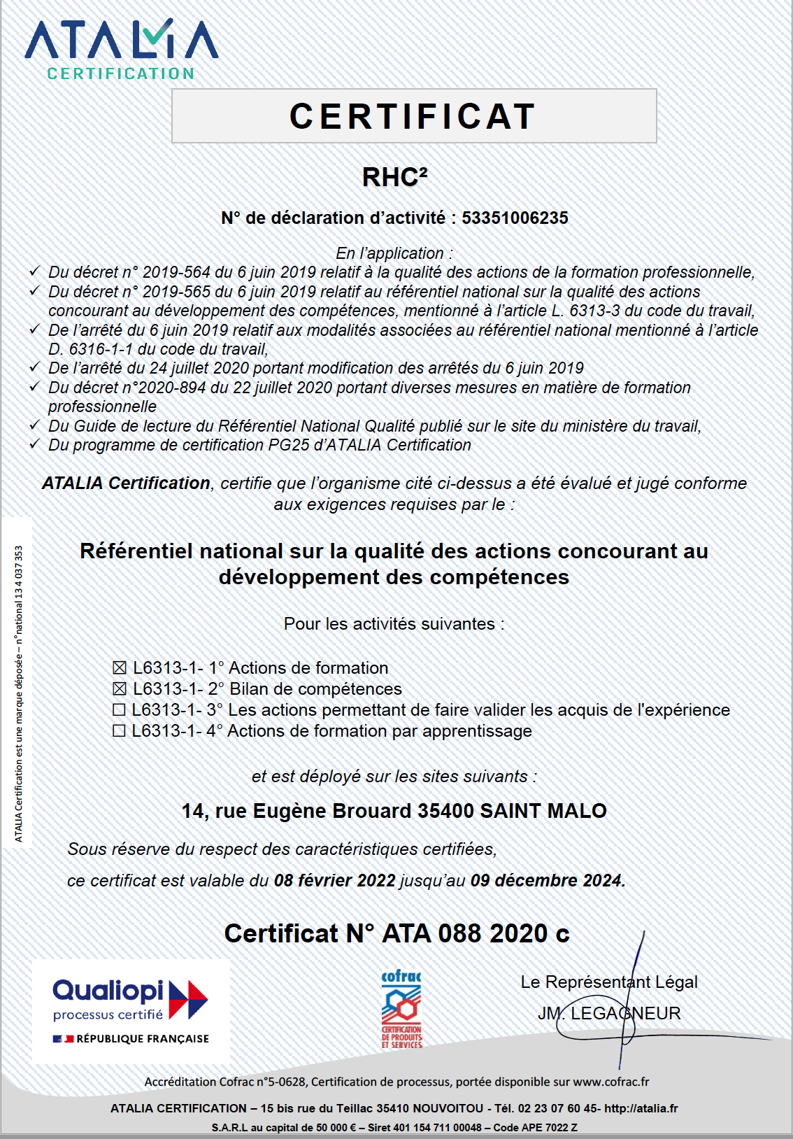 Certificat Qualiopi Référentiel National sur la qualité RHC²